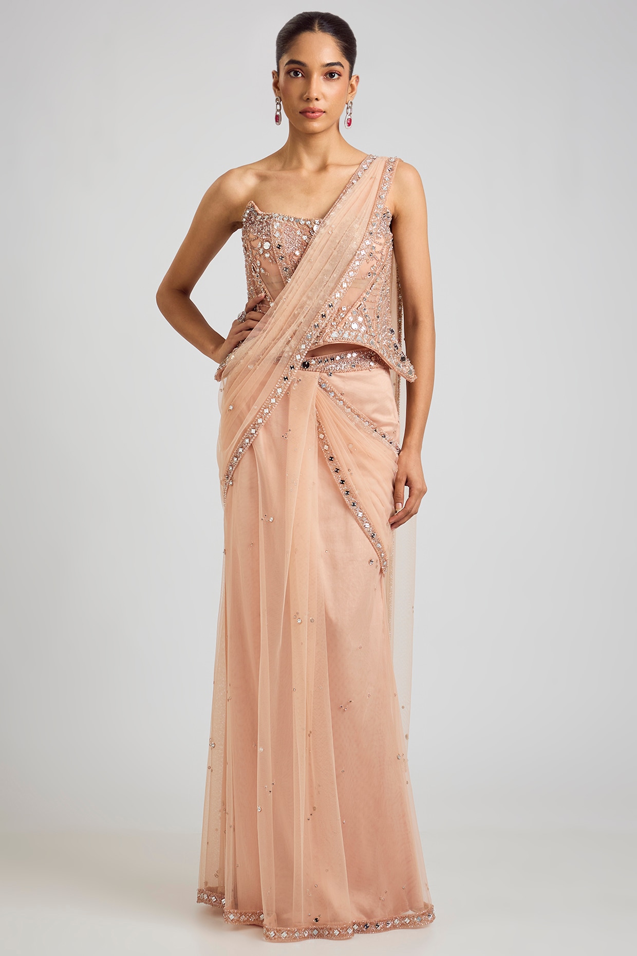 Dolly J Ivory Tulle Draped Saree Set