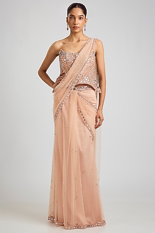 Ivory Tulle Draped Saree Set by Dolly J