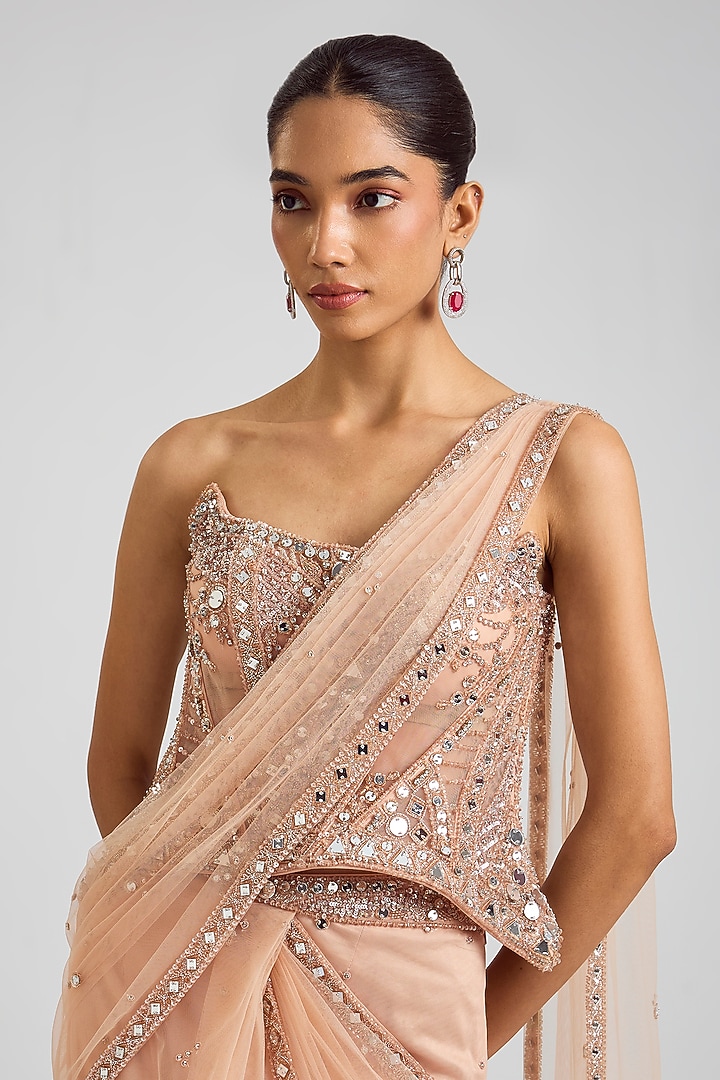 Ivory Tulle Draped Reception Saree Set by Dolly J at Pernia's Pop Up Shop