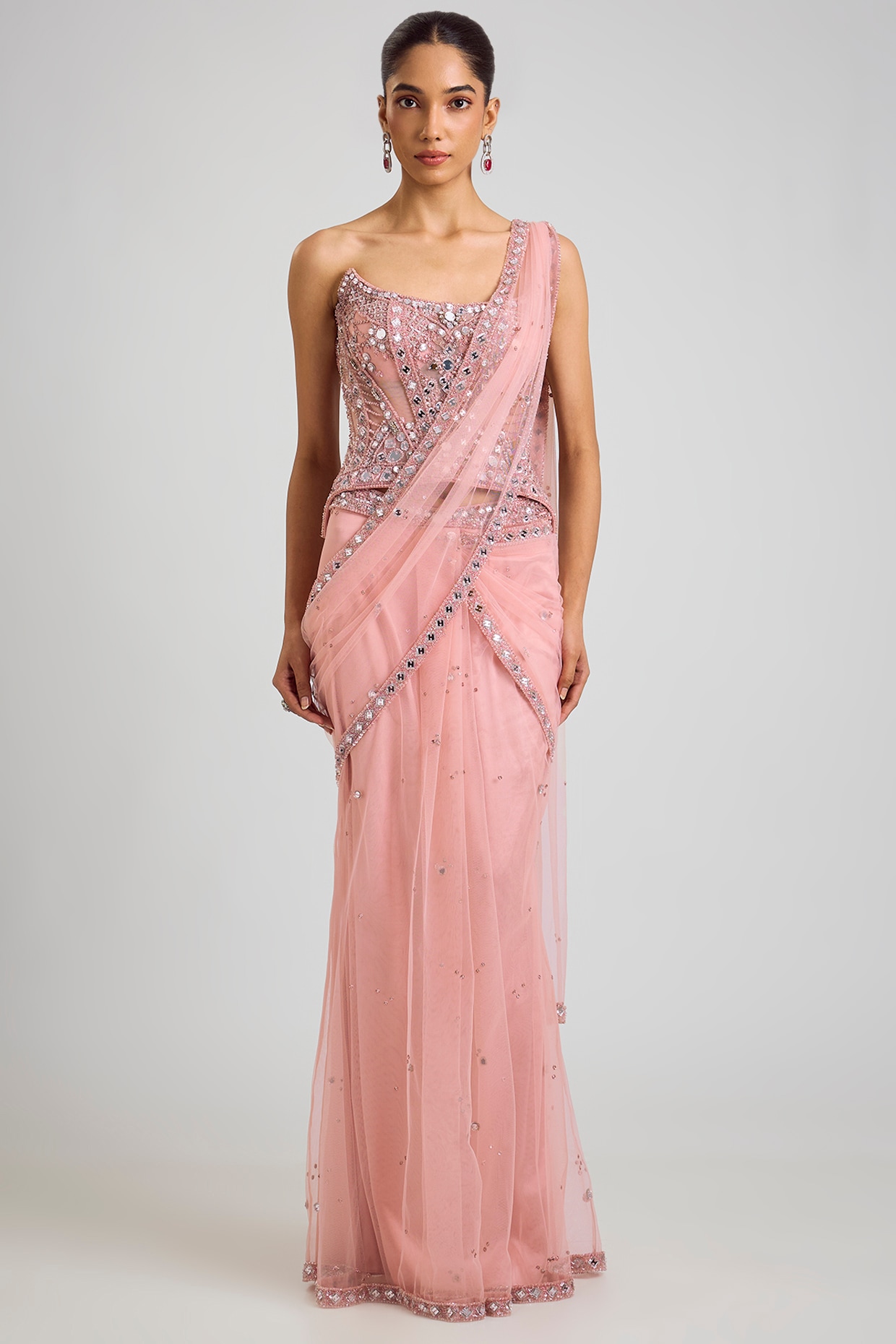 Dolly J Blush Pink Tulle Draped Saree Set