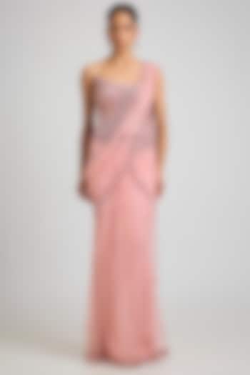 Blush Pink Tulle Draped Reception Saree Set by Dolly J at Pernia's Pop Up Shop