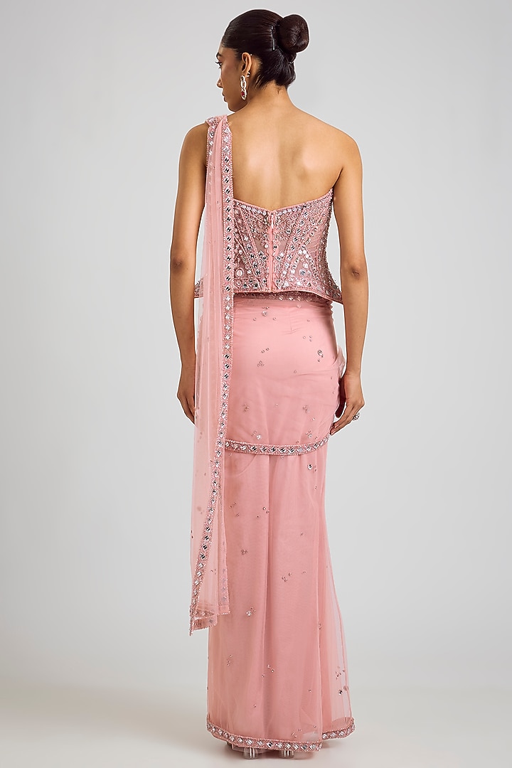 Blush Pink Tulle Draped Reception Saree Set by Dolly J at Pernia's Pop Up Shop