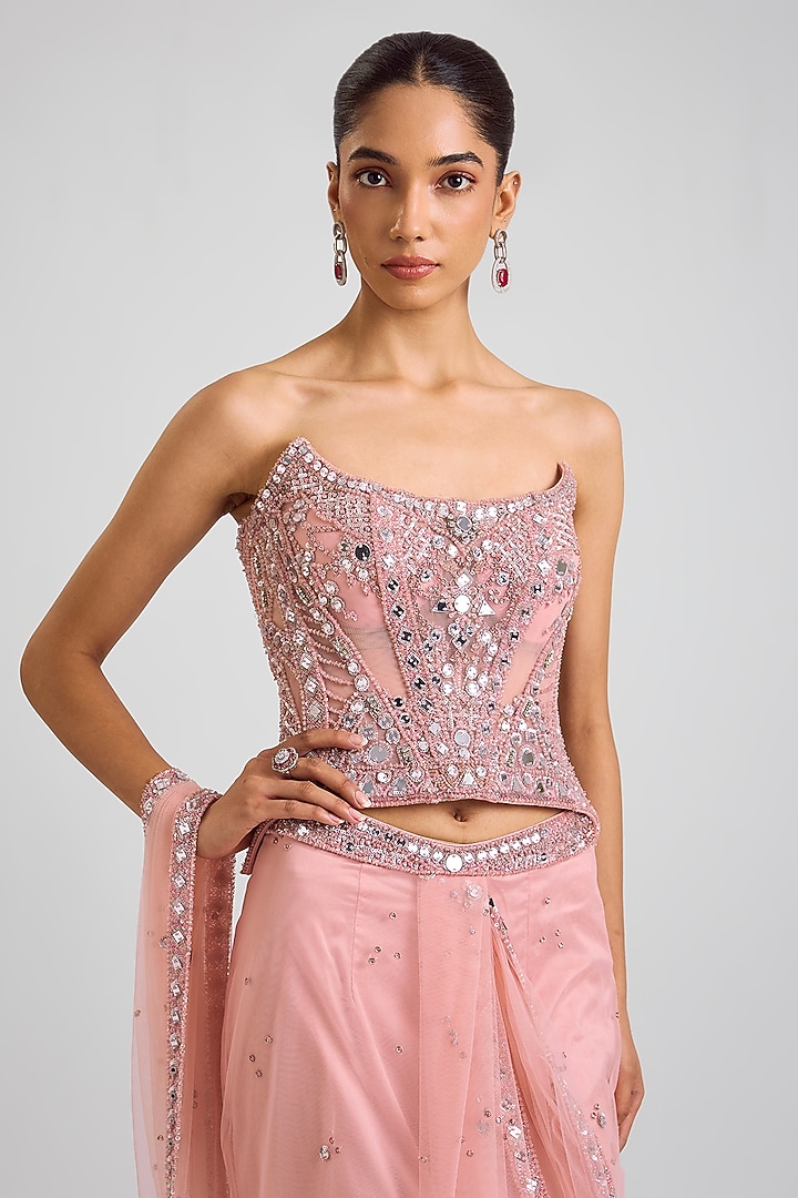Blush Pink Tulle Draped Reception Saree Set by Dolly J at Pernia's Pop Up Shop