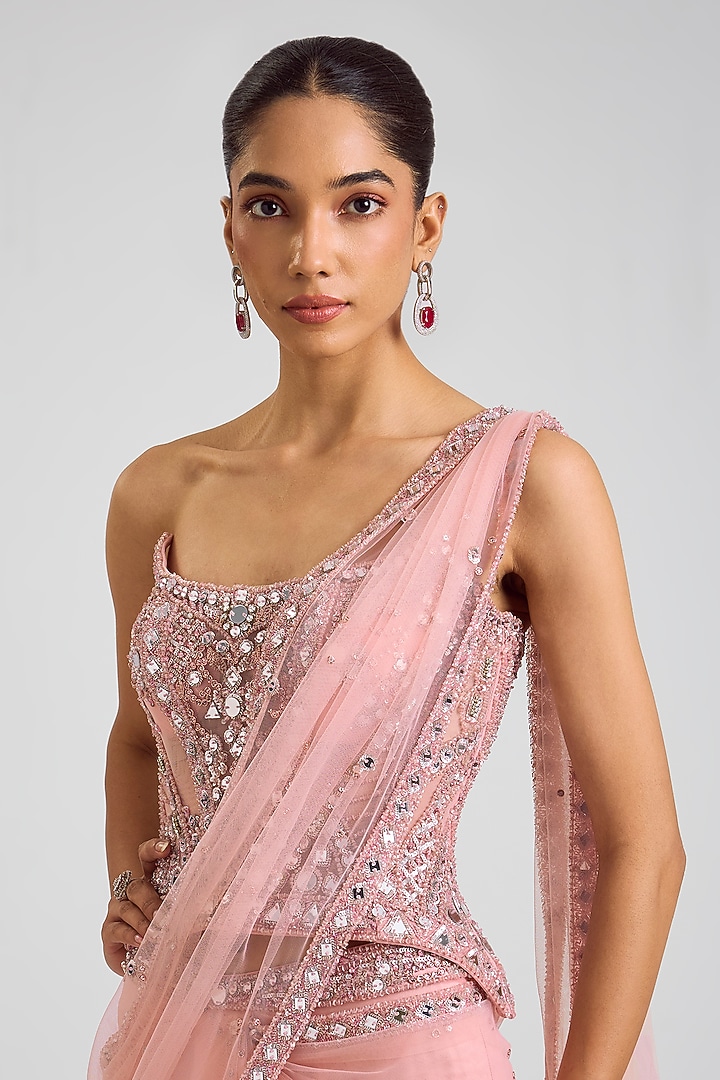 Blush Pink Tulle Draped Reception Saree Set by Dolly J at Pernia's Pop Up Shop