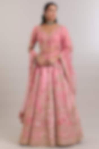 Pink Raw Silk Embroidered Bridal Bridal Lehenga Set by Dolly J at Pernia's Pop Up Shop