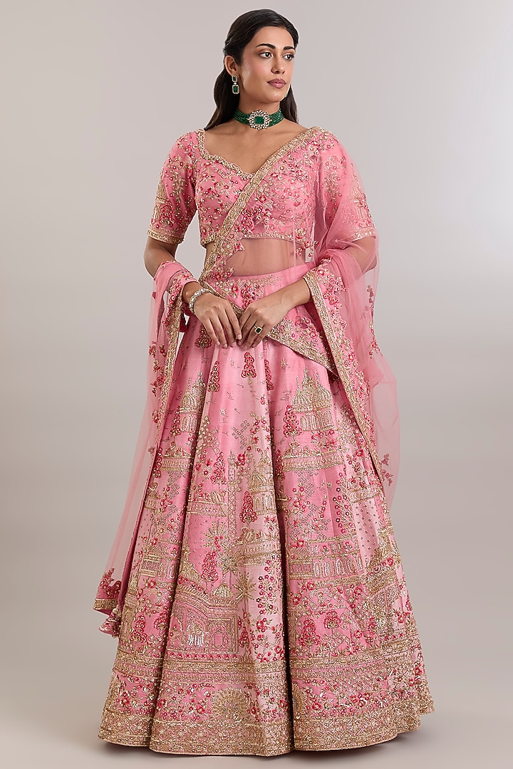 Pink Raw Silk Embroidered Bridal Bridal Lehenga Set by Dolly J at Pernia's Pop Up Shop