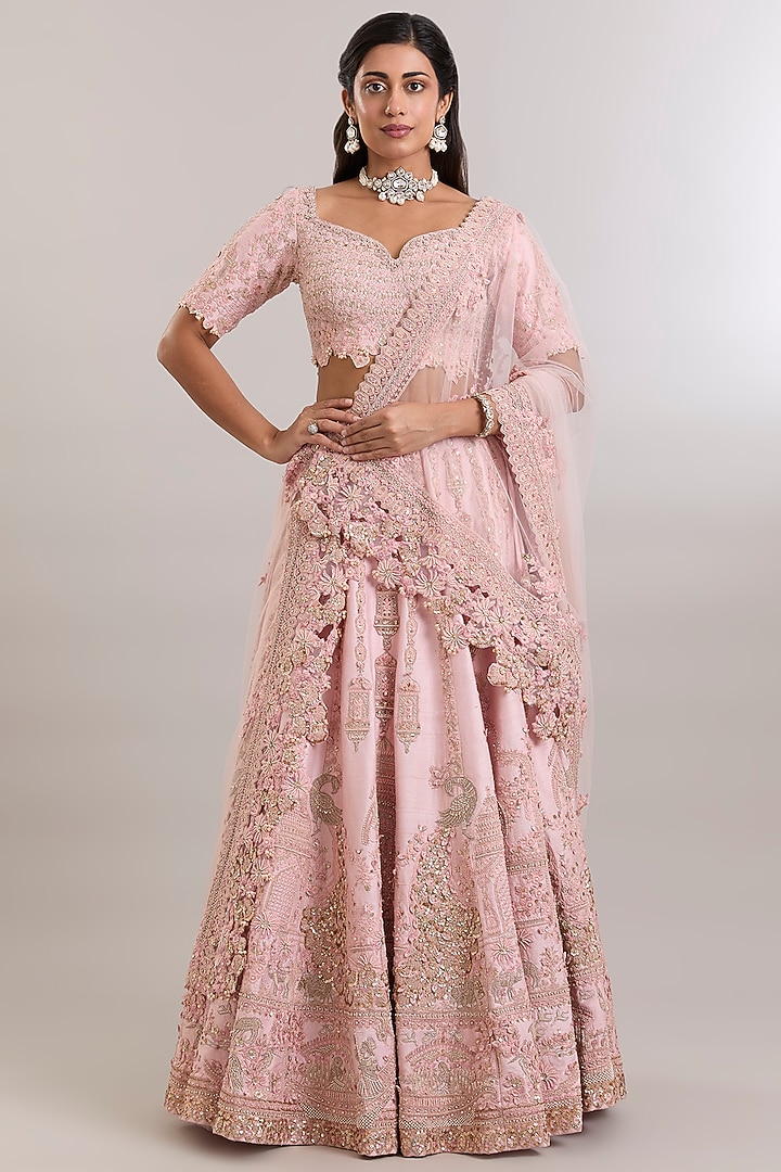 Pastel Pink Raw Silk Zardosi Embroidered Bridal Bridal Lehenga Set by Dolly J at Pernia's Pop Up Shop