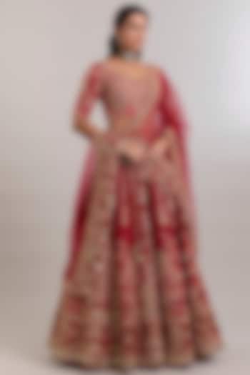 Red Raw Silk Embroidered Bridal Bridal Lehenga Set by Dolly J at Pernia's Pop Up Shop