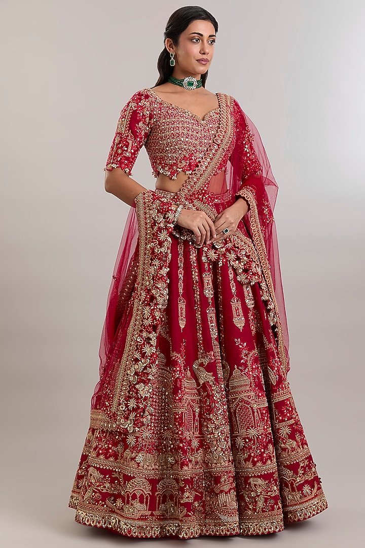 Red Raw Silk Embroidered Bridal Bridal Lehenga Set by Dolly J at Pernia's Pop Up Shop