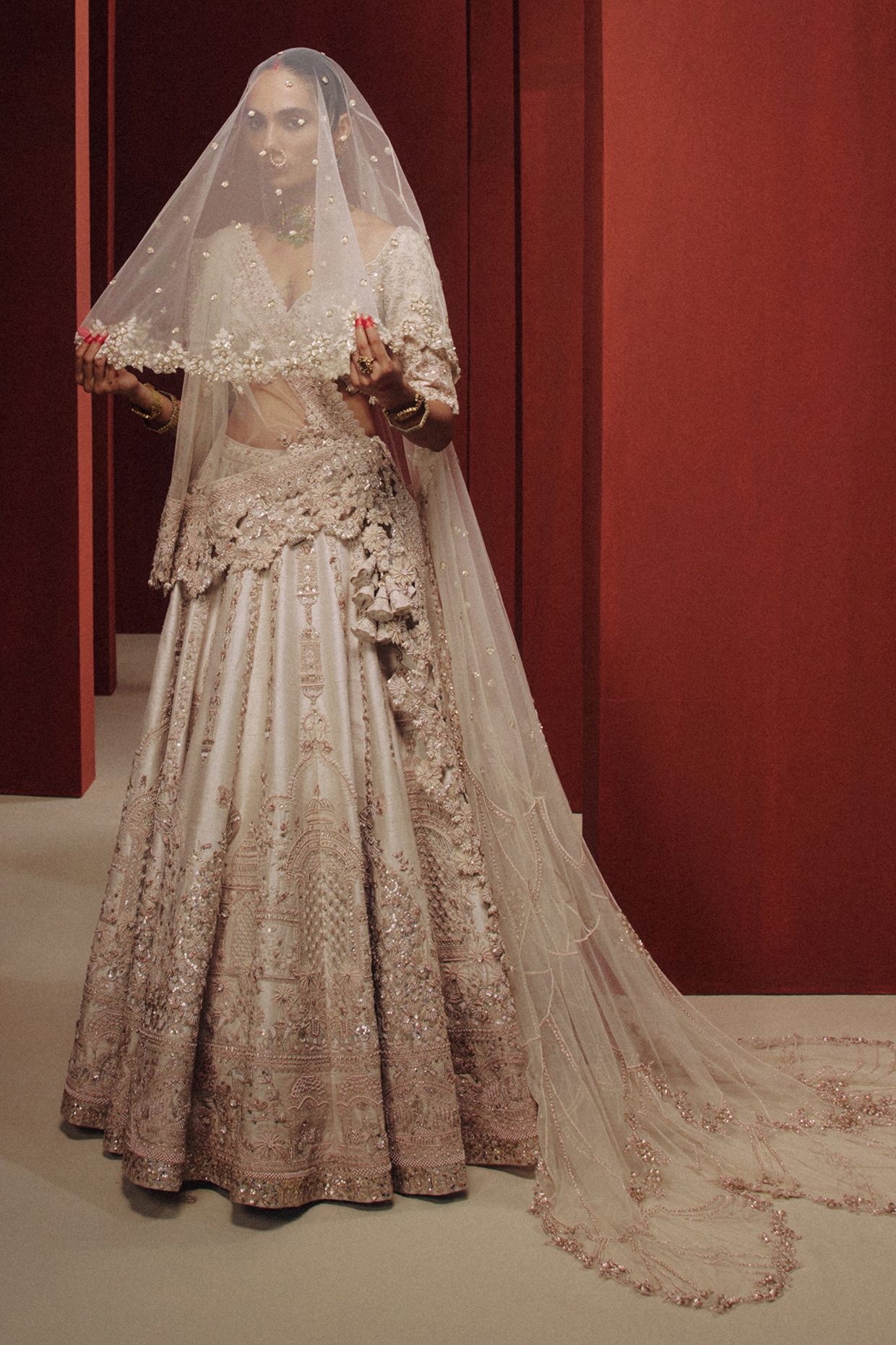 Dolly J Pearl White Raw Silk Zardosi Embroidered Bridal Lehenga Set