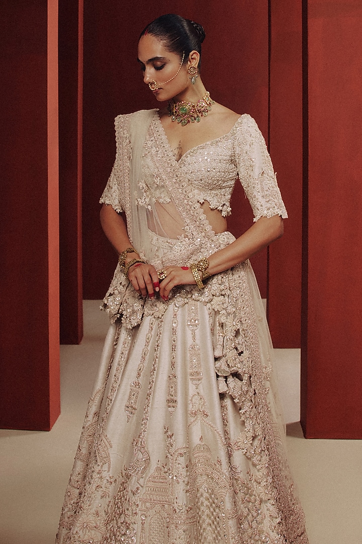 Pearl White Raw Silk Zardosi Embroidered Bridal Bridal Lehenga Set by Dolly J at Pernia's Pop Up Shop