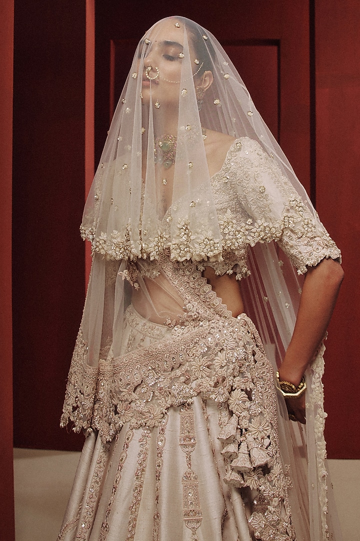 Pearl White Raw Silk Zardosi Embroidered Bridal Bridal Lehenga Set by Dolly J at Pernia's Pop Up Shop