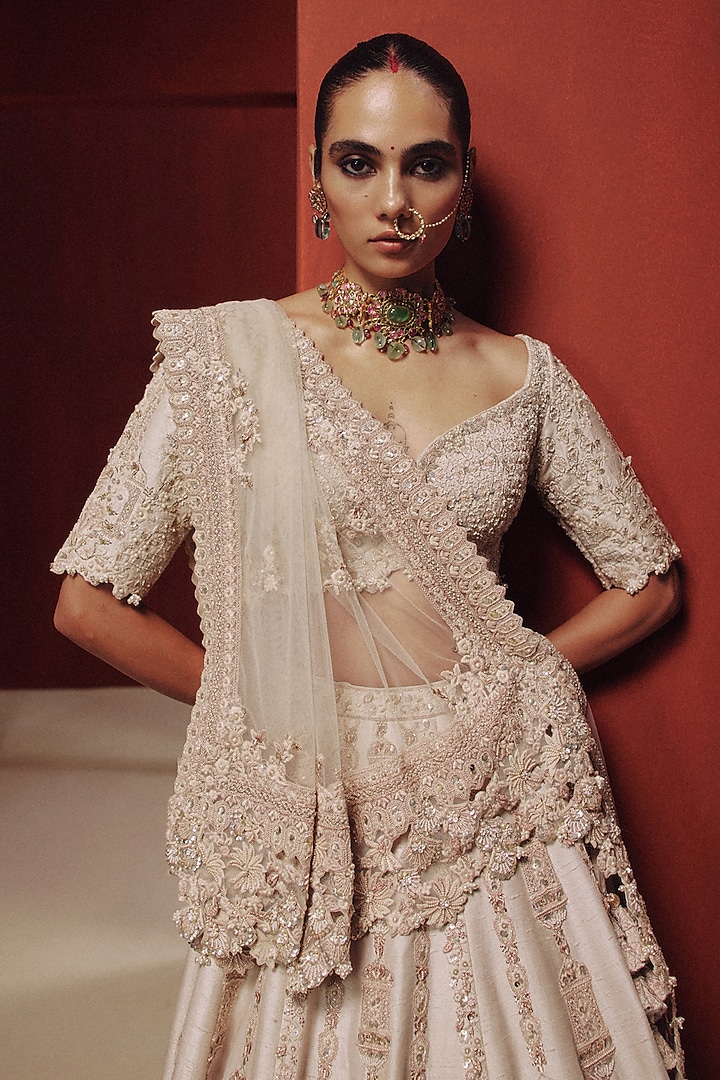 Pearl White Raw Silk Zardosi Embroidered Bridal Bridal Lehenga Set by Dolly J at Pernia's Pop Up Shop