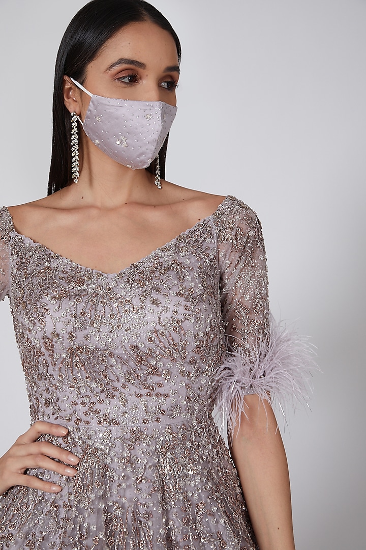 Lilac Shimmer Bridal Gown With Feather Trimmings by Dolly J at Pernia's Pop Up Shop
