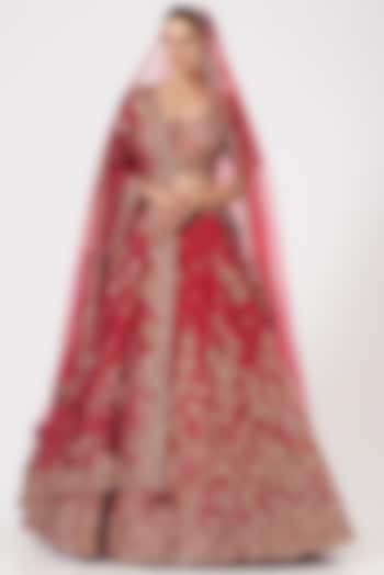 Cadmium Red Embroidered Kalidar Lehenga Set by Dolly J