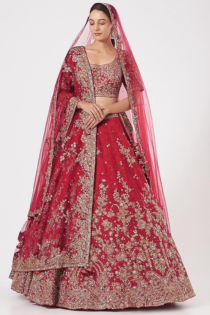 Cadmium Red Embroidered Kalidar Lehenga Set by Dolly J