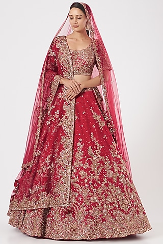 Cadmium Red Embroidered Kalidar Lehenga Set by Dolly J