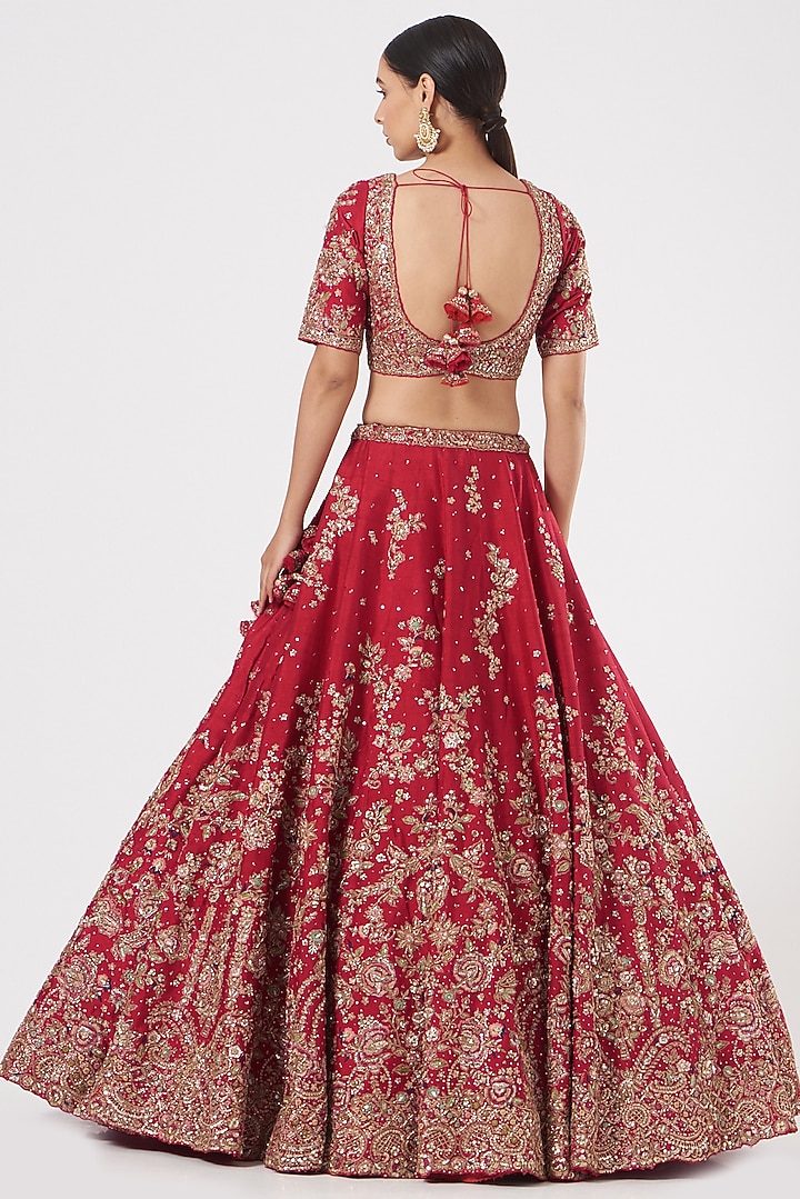 Cadmium Red Embroidered Kalidar Bridal Lehenga Set by Dolly J at Pernia's Pop Up Shop