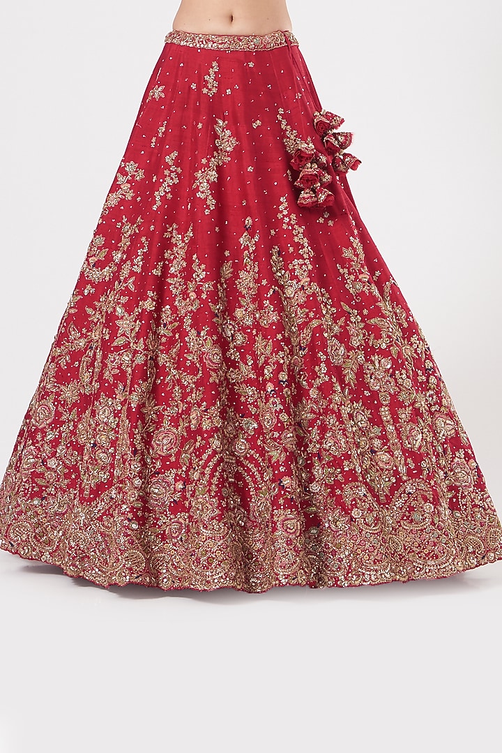 Cadmium Red Embroidered Kalidar Bridal Lehenga Set by Dolly J at Pernia's Pop Up Shop
