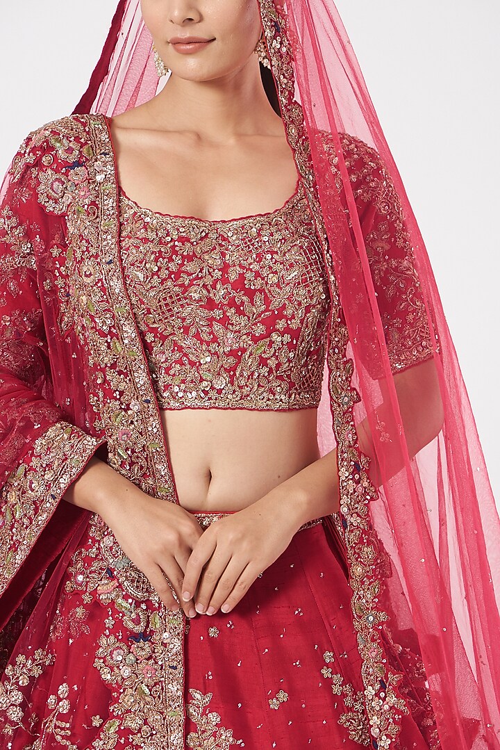 Cadmium Red Embroidered Kalidar Bridal Lehenga Set by Dolly J at Pernia's Pop Up Shop
