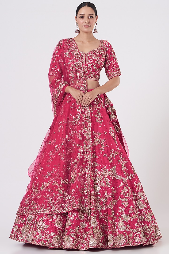 Pink Hand Embroidered Lehenga Set by Dolly J