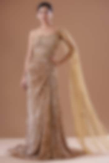 Gold Shimmer Tulle & Net Embroidered Draped Gown by Dolly J