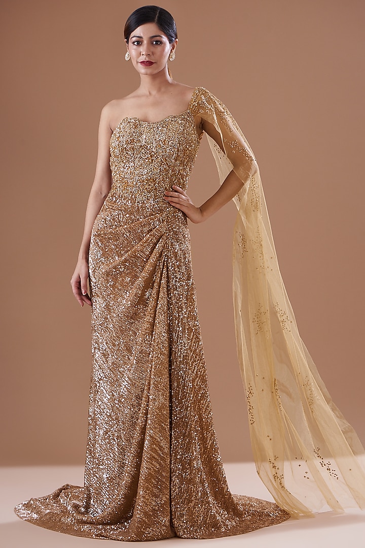 Gold Shimmer Tulle & Net Embroidered Draped Gown by Dolly J