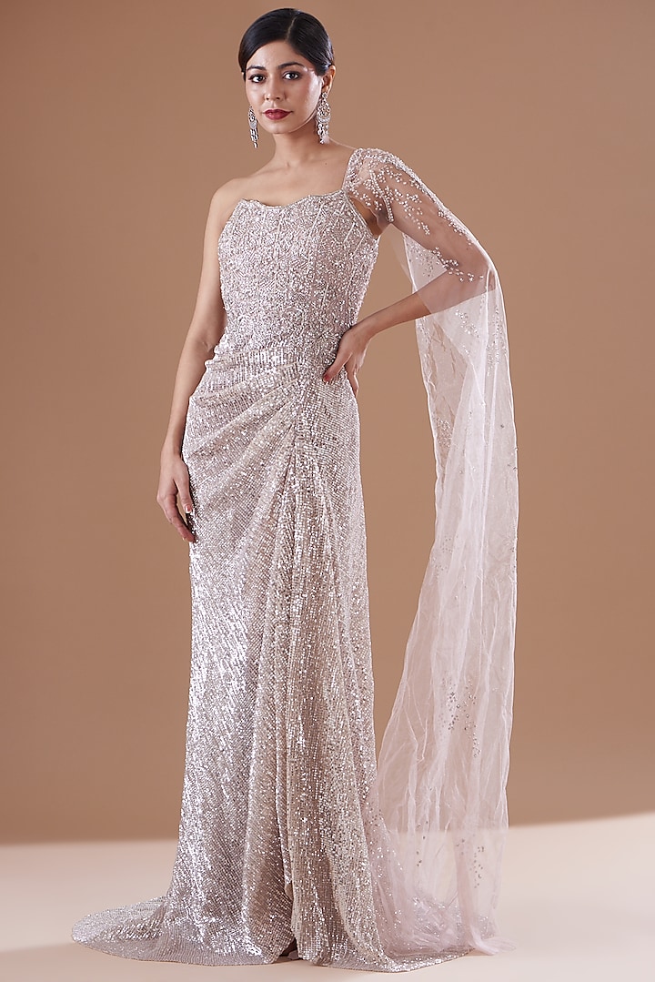 Ivory Shimmer Tulle & Net Embroidered Draped Gown by Dolly J