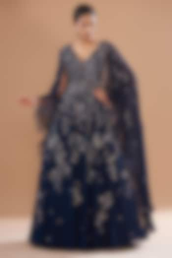 Navy Blue Chiffon Embroidered Gown by Dolly J at Pernia's Pop Up Shop