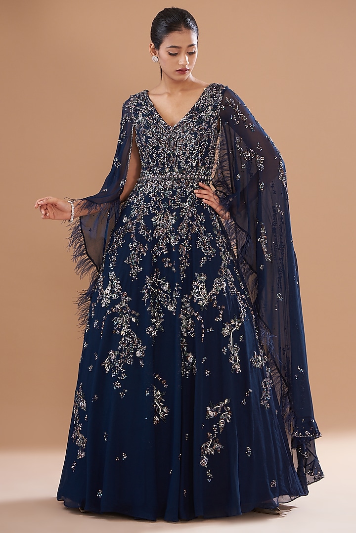 Navy Blue Chiffon Embroidered Gown by Dolly J at Pernia's Pop Up Shop