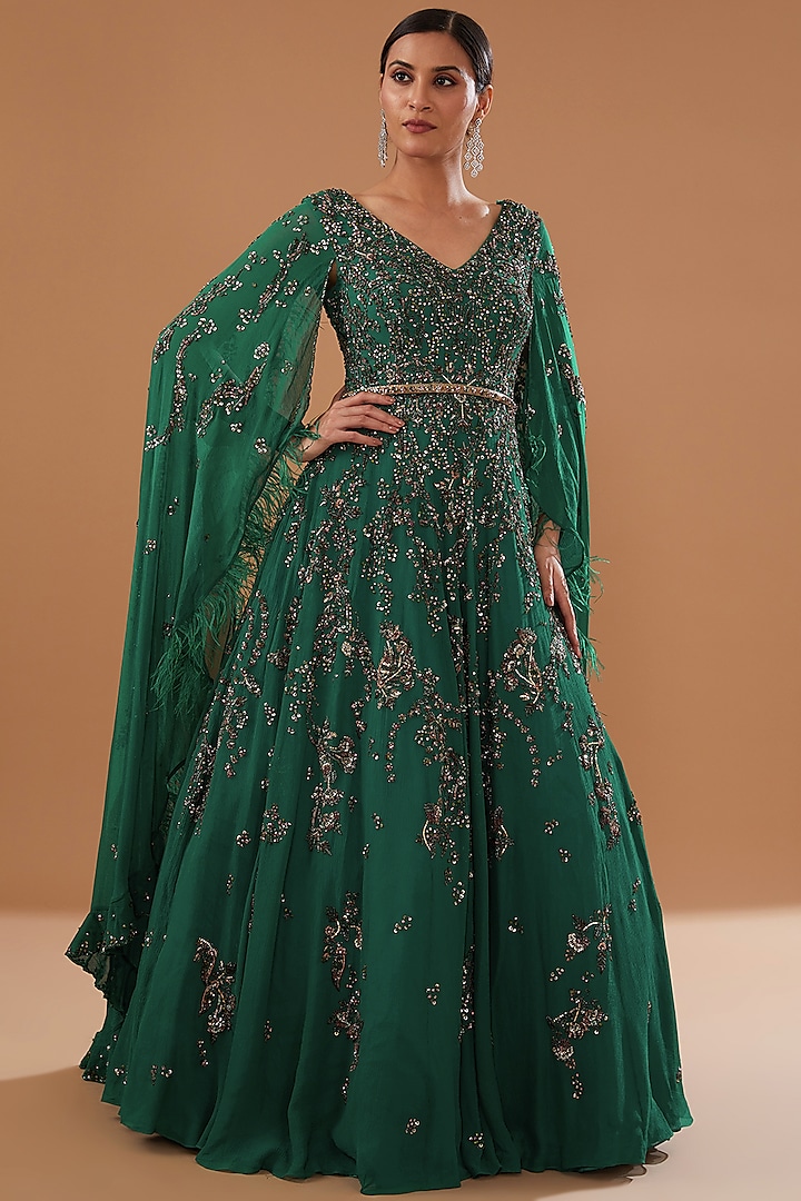 Green Chiffon Kalidar Anarkali Set by Dolly J at Pernia's Pop Up Shop