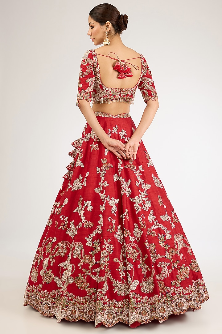 Red Raw Silk Thread & Pearl Work Bridal Lehenga Set by Dolly J at Pernia's Pop Up Shop