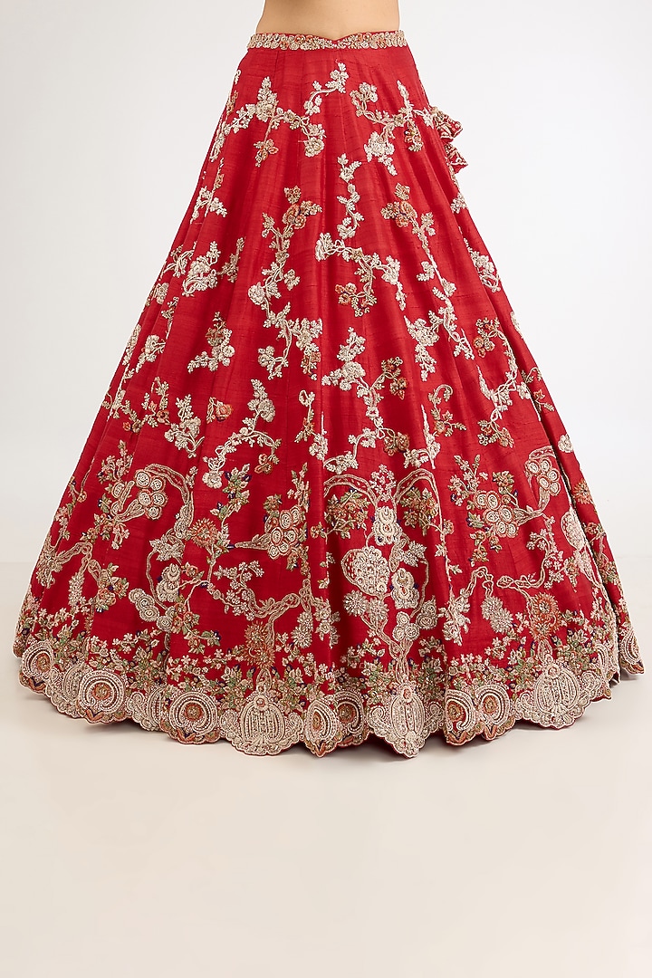 Red Raw Silk Thread & Pearl Work Bridal Lehenga Set by Dolly J at Pernia's Pop Up Shop
