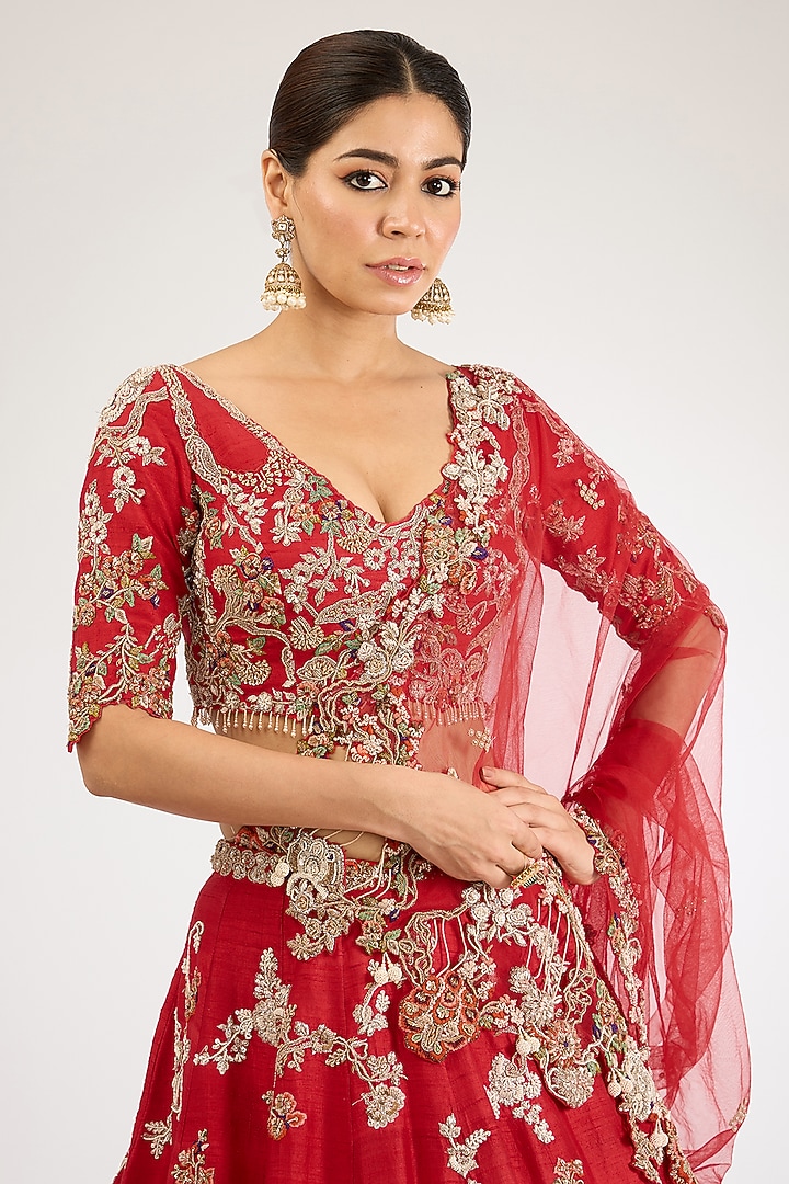 Red Raw Silk Thread & Pearl Work Bridal Lehenga Set by Dolly J at Pernia's Pop Up Shop