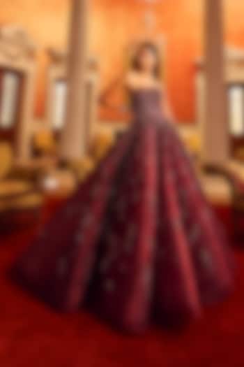 Maroon Organza Bridal Gown With Belt by Dolly J at Pernia's Pop Up Shop