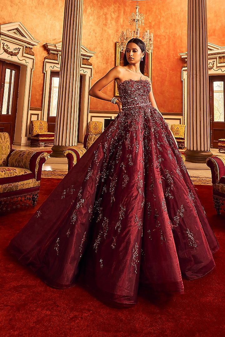 Maroon Organza Bridal Gown With Belt by Dolly J at Pernia's Pop Up Shop