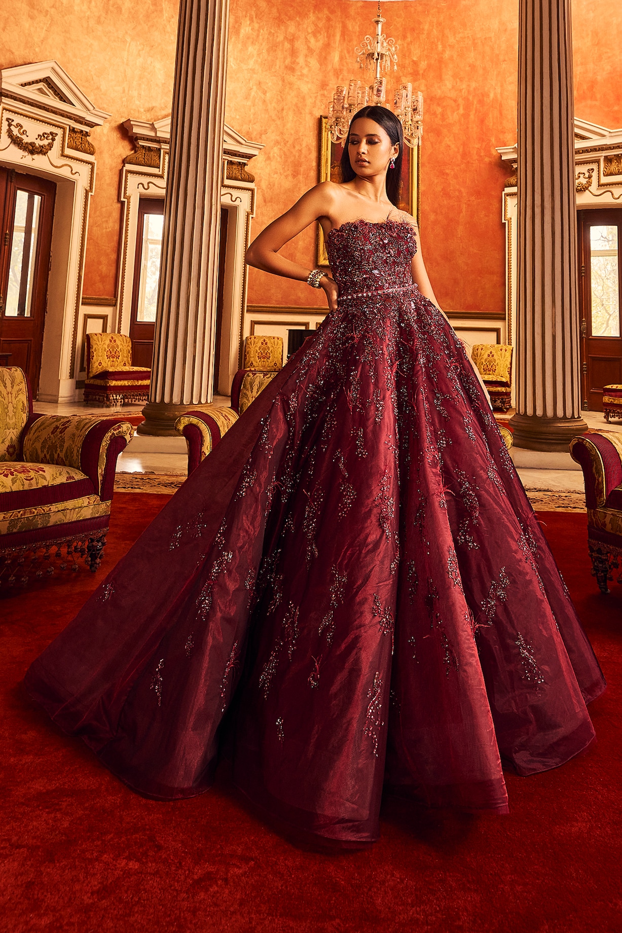 open lace back dress Shop Online Maroon Organza Indo Western Dress – vastradi.com main image 0
