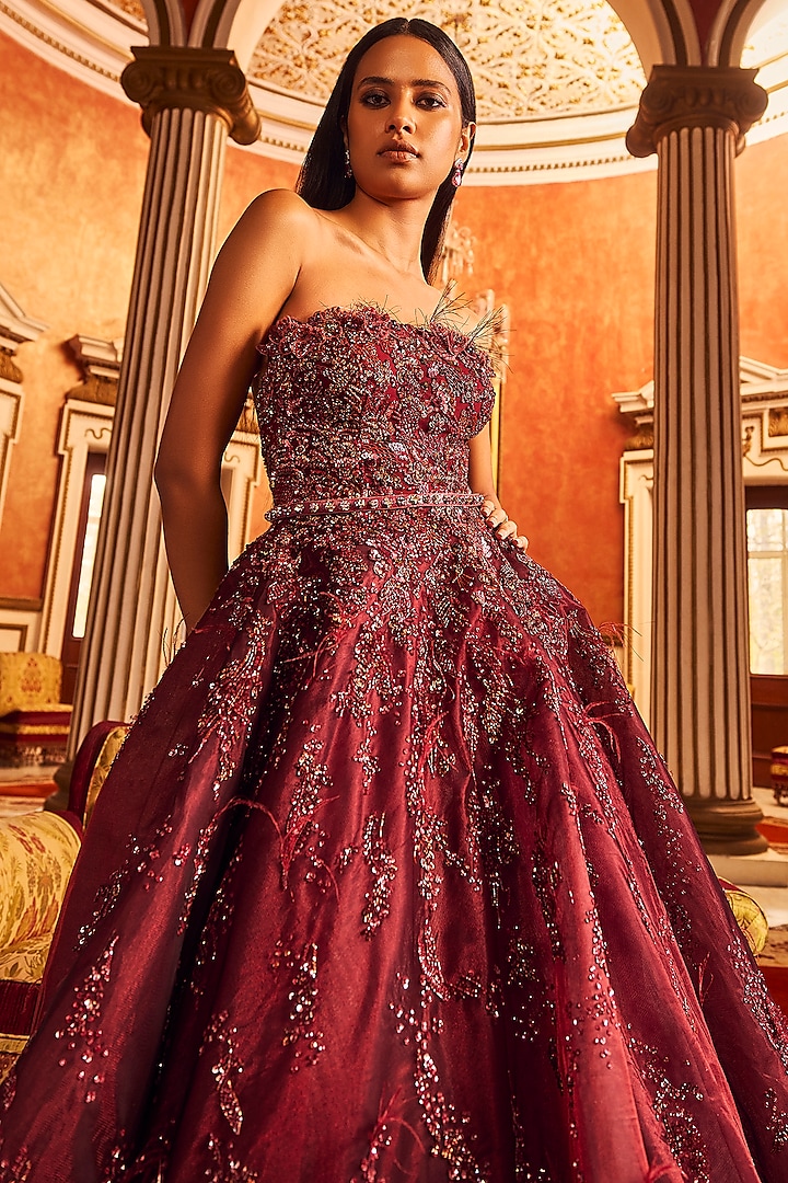 Maroon Organza Gown With Belt by Dolly J at Pernia's Pop Up Shop 2025