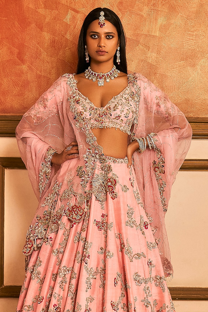 Pink Raw Silk Thread Embroidered Bridal Lehenga Set by Dolly J at Pernia's Pop Up Shop
