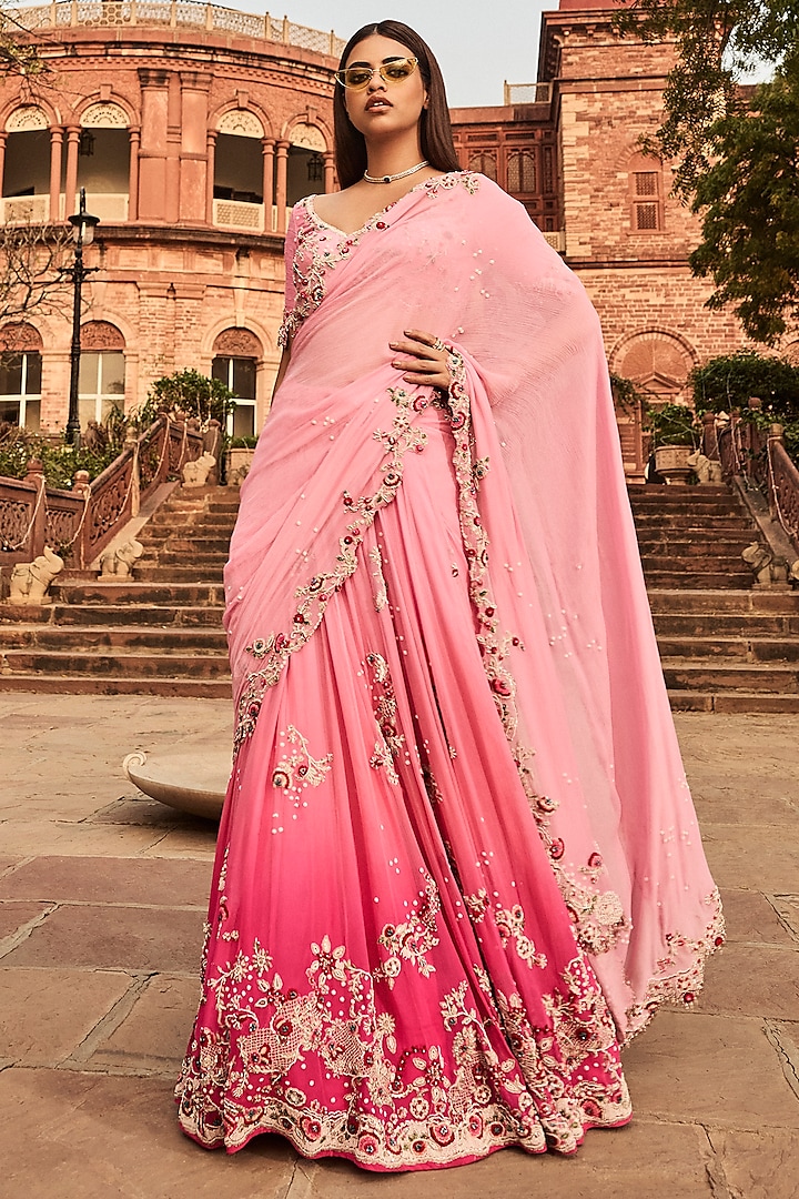 Pink Chiffon Resham Embroidered Bridal Lehenga Saree Set by Dolly J at Pernia's Pop Up Shop
