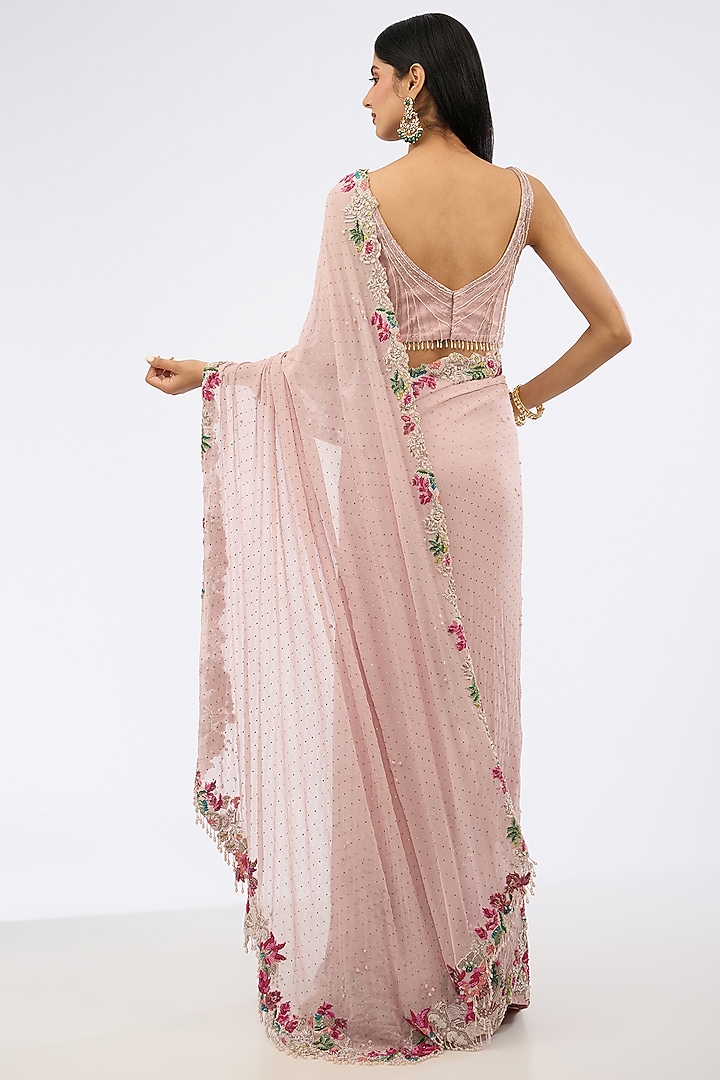 Pink Chiffon Thread Embroidered Bridal Lehenga Saree Set by Dolly J at Pernia's Pop Up Shop