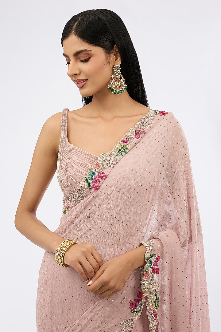 Pink Chiffon Thread Embroidered Bridal Lehenga Saree Set by Dolly J at Pernia's Pop Up Shop