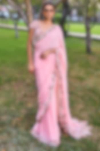 Rose Pink Chiffon Embroidered Kamdani Bridal Saree Set by Dolly J at Pernia's Pop Up Shop