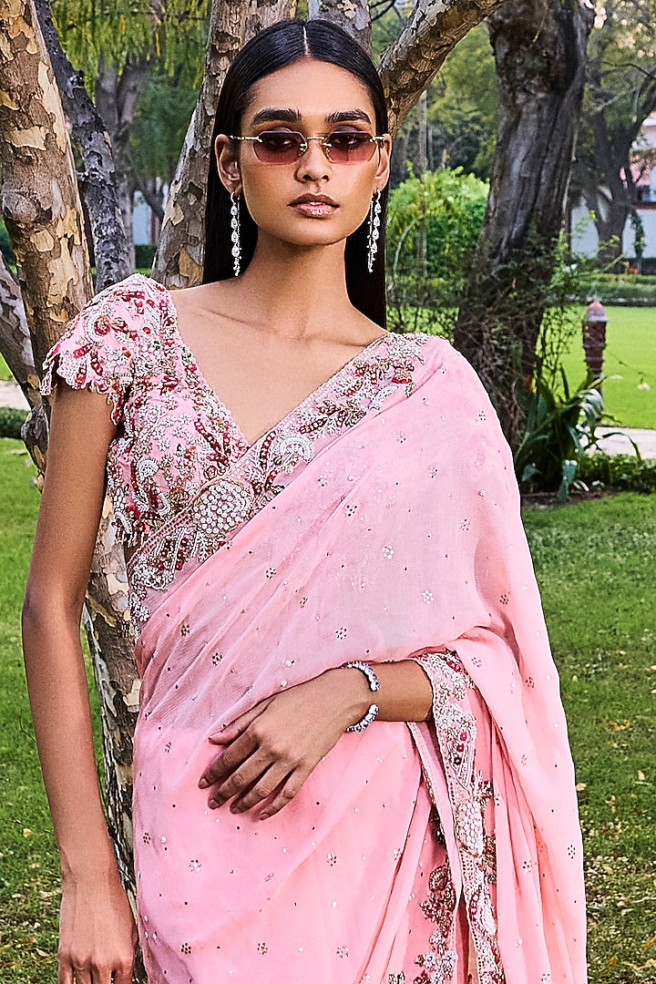 Rose Pink Chiffon Embroidered Kamdani Bridal Saree Set by Dolly J at Pernia's Pop Up Shop