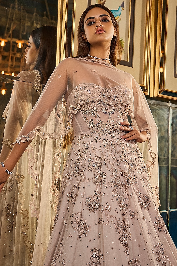 Smoked Ivory Chiffon Embroidered Bridal Anarkali Set by Dolly J at Pernia's Pop Up Shop