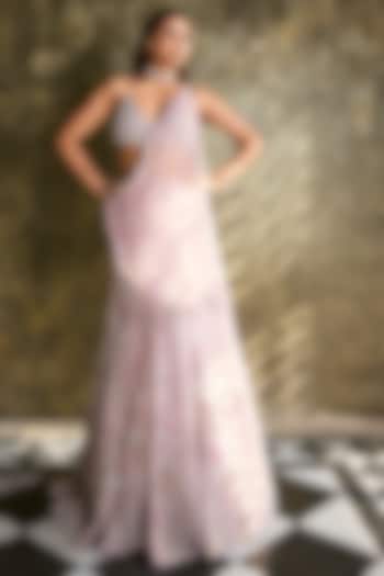 Blush Pink Shimmer Tulle Embroidered Draped Bridal Lehenga Saree Set by Dolly J at Pernia's Pop Up Shop