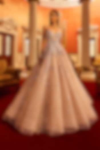 Nude Shimmer Tulle Embroidered Bridal Gown by Dolly J at Pernia's Pop Up Shop