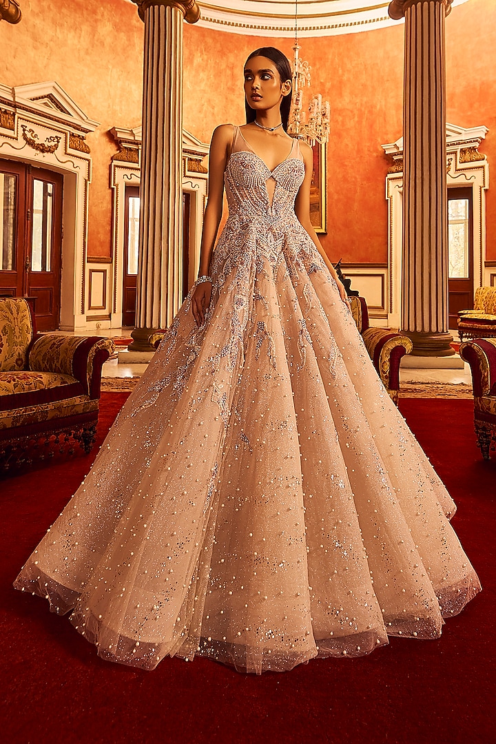 Nude Shimmer Tulle Embroidered Bridal Gown by Dolly J at Pernia's Pop Up Shop