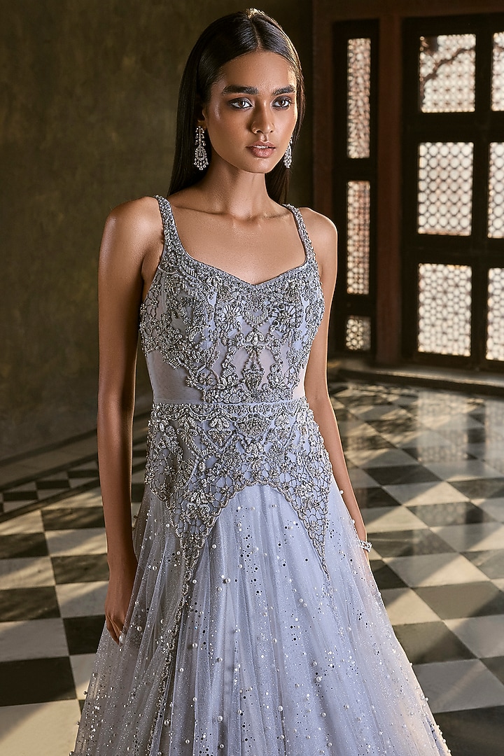 Grey Shimmer Tulle Cutdana Embroidered Bridal Gown by Dolly J at Pernia's Pop Up Shop