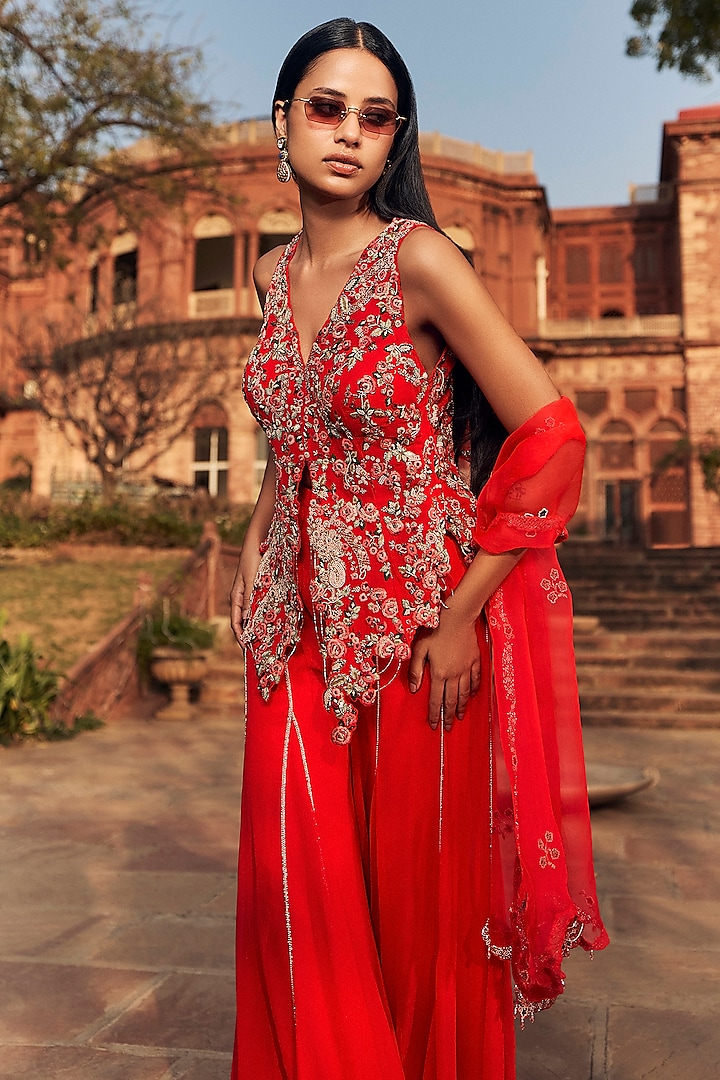 red sharara dress Red Georgette Lace Work Sharara Suit Festive Wear